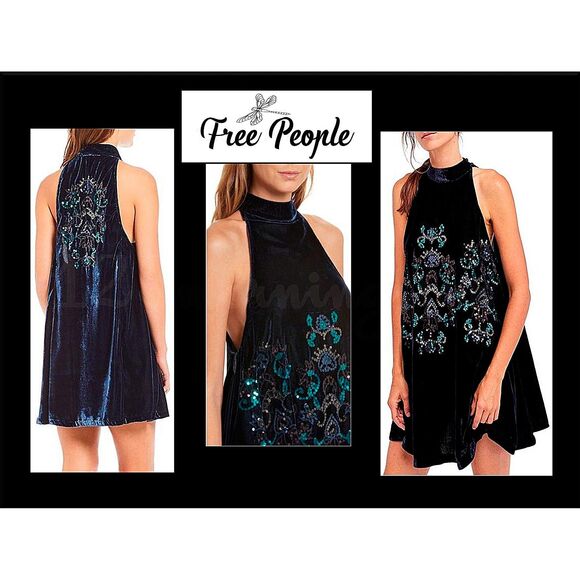 FREE PEOPLE NEW JILL Halter Embellished-Sequin Velour Swing Dress XS - Picture 3 of 12